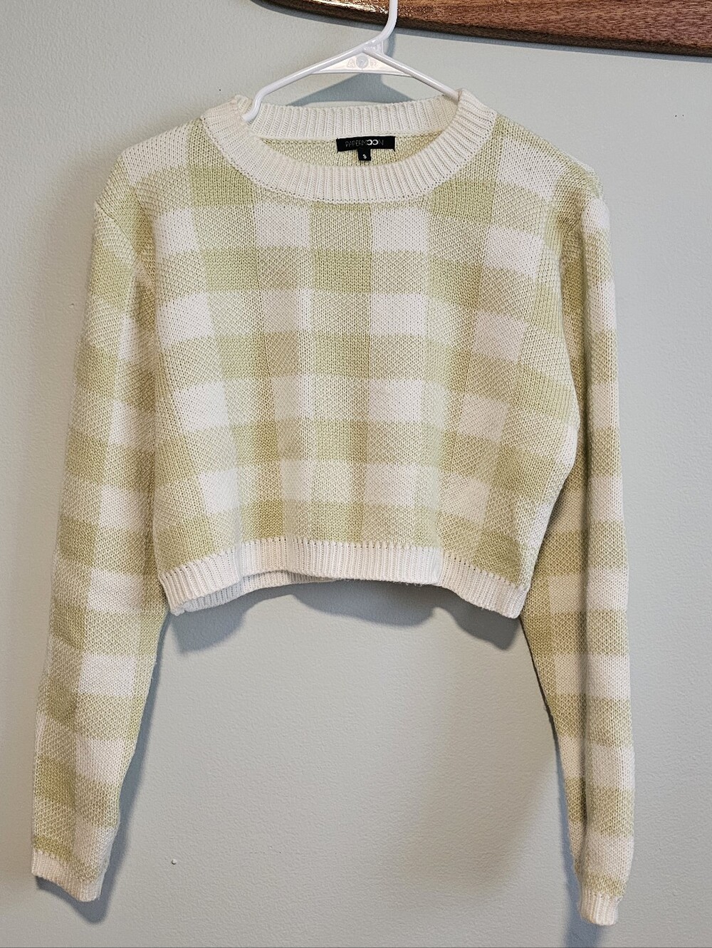 Green And White Gingham Print Cropped Crew Neck Sweater, Small